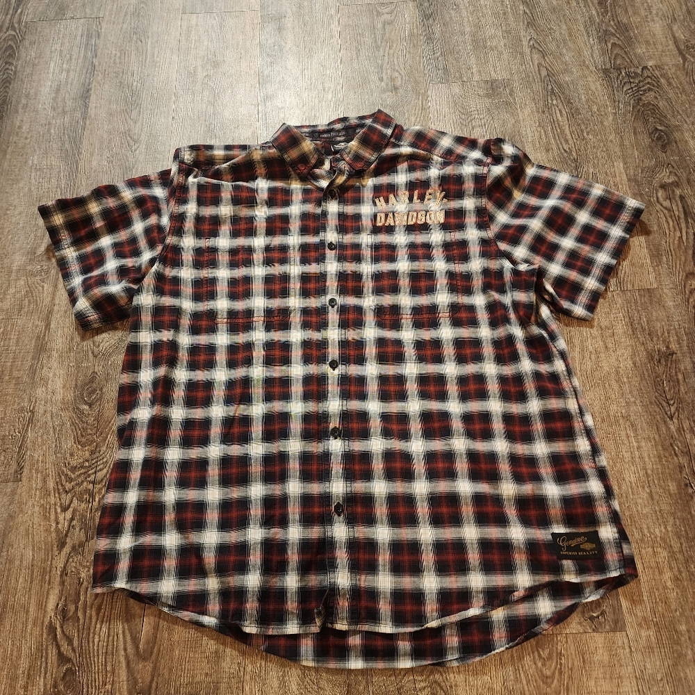 Harley Davidson Mens Size L Large Plaid Black Red Short Sleeve Button Up